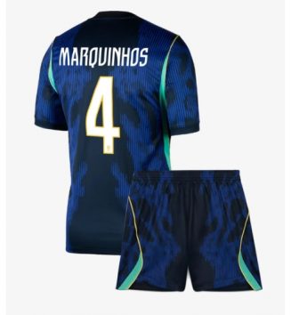 Brazilië Marquinhos #4 Uit tenue Kids WK 2026 Voetbalshirt Korte Mouw + Shorts