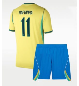 Brazilië Raphinha Belloli #11 Thuis tenue Kids WK 2026 Voetbalshirt Korte Mouw + Shorts