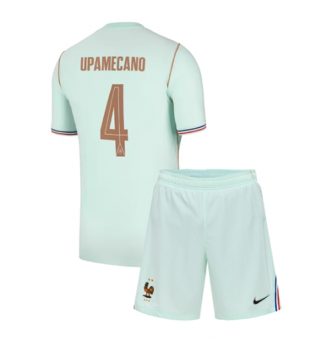 Frankrijk Dayot Upamecano #4 Uit tenue Kids WK 2026 Voetbalshirt Korte Mouw + Shorts